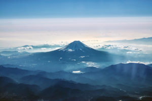 Mount Fuji in the morning mist from birds eye view