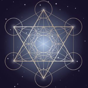 Metatron Cube symbol on a starry sky, elements of sacred geometry.